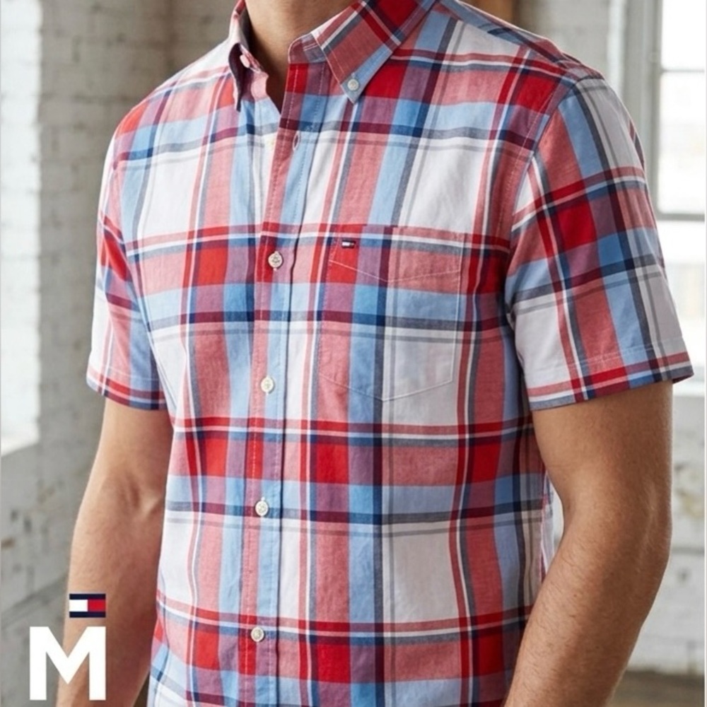 Tommy Hilfiger Men's Vibrant Red and Blue Plaid Shirt. Size M